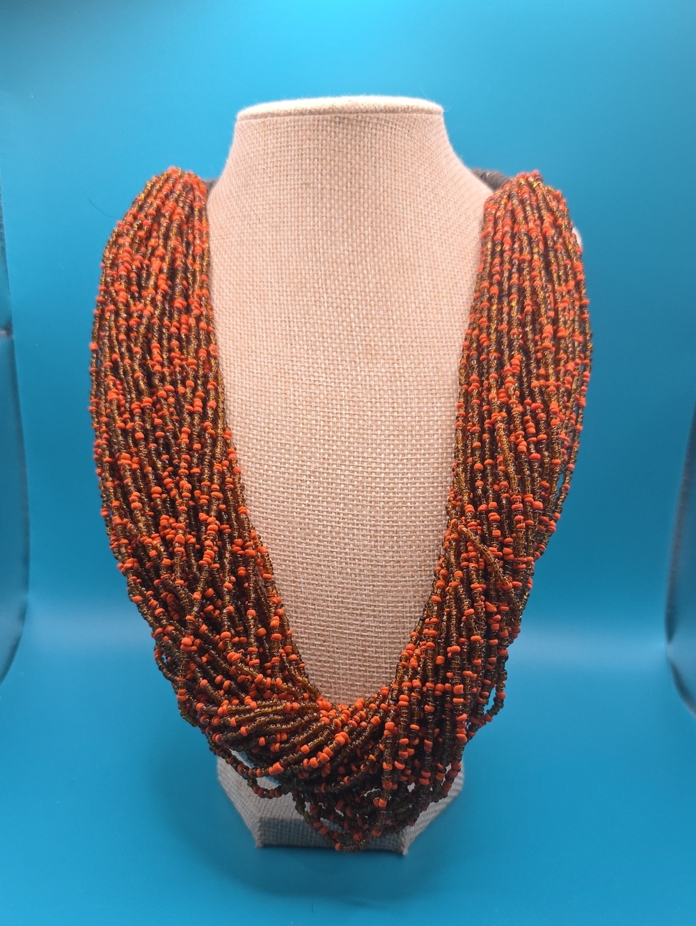Multi-Strand Orange and Brown Seed Bead Statement Necklace